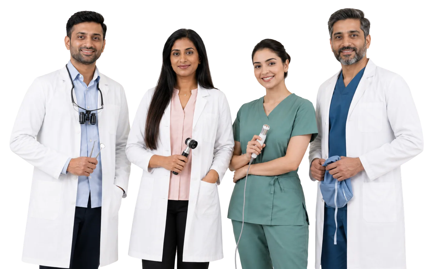 Four Indian clinic specialists — a dentist, a skin and hair doctor, a medspa practitioner and a cosmetic surgeon — standing together